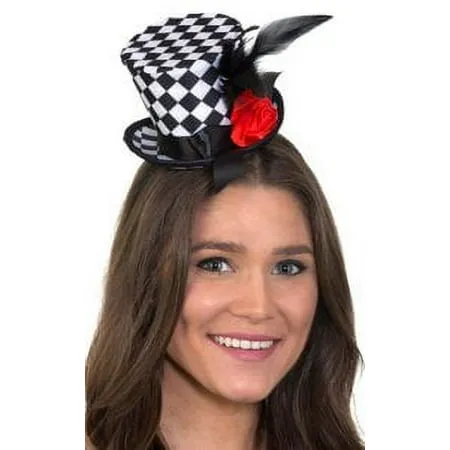 Checkered Mini Top Hat Headband with Feathers & Flower