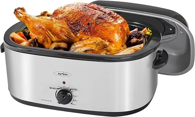 Sunvivi 24lb 20-Quart Roaster Oven, Electric Roaster Oven with Self-Basting Lid, Turkey Roaster with Unique Defrost/Warm Function, Large Roaster with Removable Pan & Rack, Stainless Steel, Silver