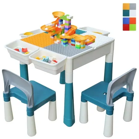 KORIMEFA Kid s Activity Table Set Building Block Table with Storage Play Table Toys Includes 2 Chair and 120 Pieces Compatible Large Bricks Building Blocks for Girls Boys Toddler Age 3-8