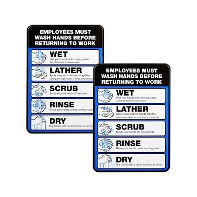 Excello Global Products Employee Must Wash Hand Sign: 5"x7" Plastic Sign for Businesses with Easy Mount Adhesive Strips (Pack of 2)