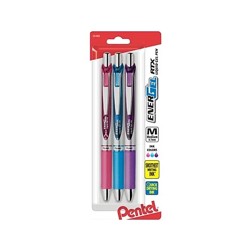 Pentel EnerGel Deluxe RTX Retractable Liquid Gel Pen, Medium Line, Metal Tip, Assorted Ink, 3 Pack (BL77BP3M1)