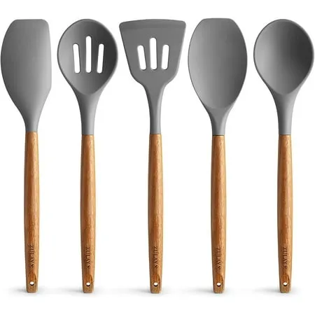 Zulay Kitchen 5 Piece Silicone Utensils Set with Authentic Acacia Wood Handles - Grey