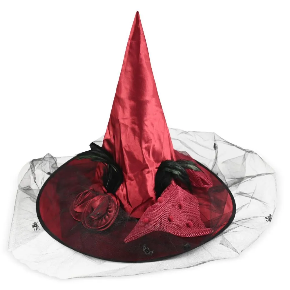 Skeleteen Deluxe Pointed Witch Hat - Glamorous Red Witches Accessories Fancy Satin Hat with Bow, Spiders and Black Feathers