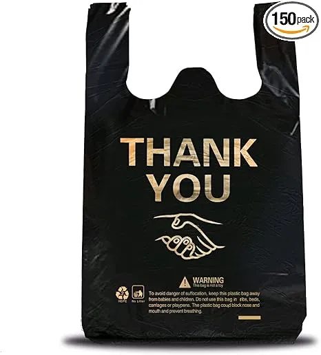 ysmile 50 pcs Thank You Plastic Bag T Shirt Bags for Small Business Retail Store Shopping Bag with Handle Merchandise Bag Bulk 15x23 Inch from Large - Black