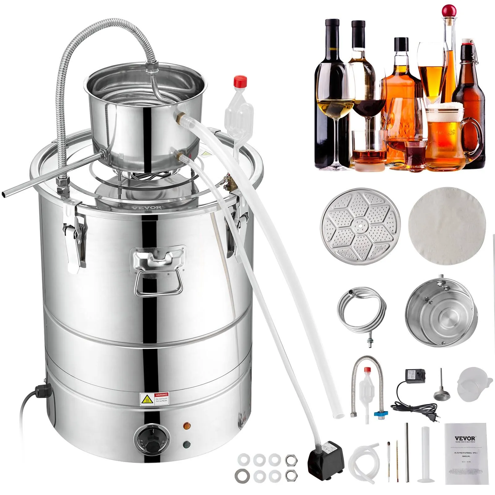 VEVOR Alcohol Still 9 Gal 30L & 15 Gal 50L Home Distillery Kit with Stainless Steel Tube Pump One-way Exhaust Valve Thermometer