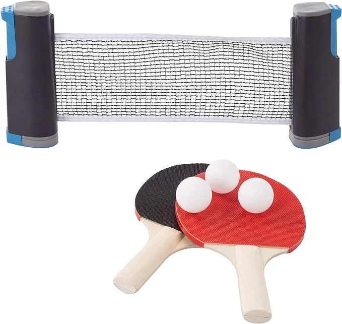 Table Tennis Set – Portable Instant Two Player Game with Retractable Net, Wooden Paddles and Balls for Two Player Family Fun On The Go by Hey! Play!