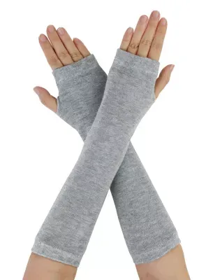 Allegra K Women's Winter Warmers Fingerless Thumbhole Elastic Long Knitted Party Costume Gloves, Gray