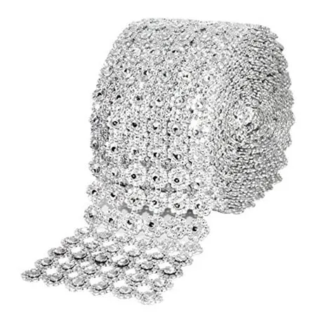 Mandala Crafts Faux Diamond Bling Wrap Faux Rhinestone Crystal Mesh Ribbon Roll for Wedding Party Centerpiece Cake Vase Sparkling Decoration (Flower Pattern 4 Inches 10 Yards Silver)