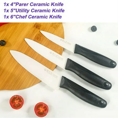 MAXFAVOR Black 3pcs Ceramic Kitchen Knife Set Slicing Utility Paring 4 5 6 Knives Blade + Base