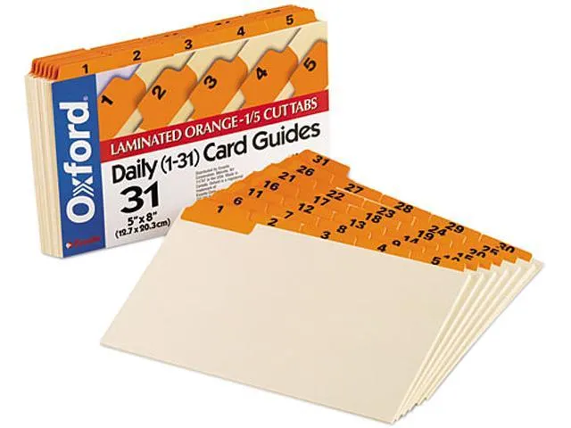 Oxford 05832 Laminated Index Card Guides, Daily, 1/5 Tab, Manila, 5 x 8, 31/Set