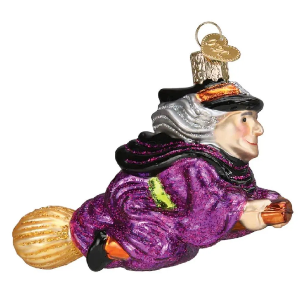 Old World Christmas Witch on Broomstick Glass Ornament FREE BOX 4.25 inch