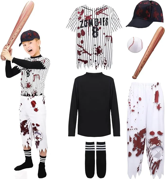 Bonuci 7 Pcs Child Boy Baseball Zombie Costume Scary Baseball Player Zombie Theme Party Costume Sets for Halloween Party