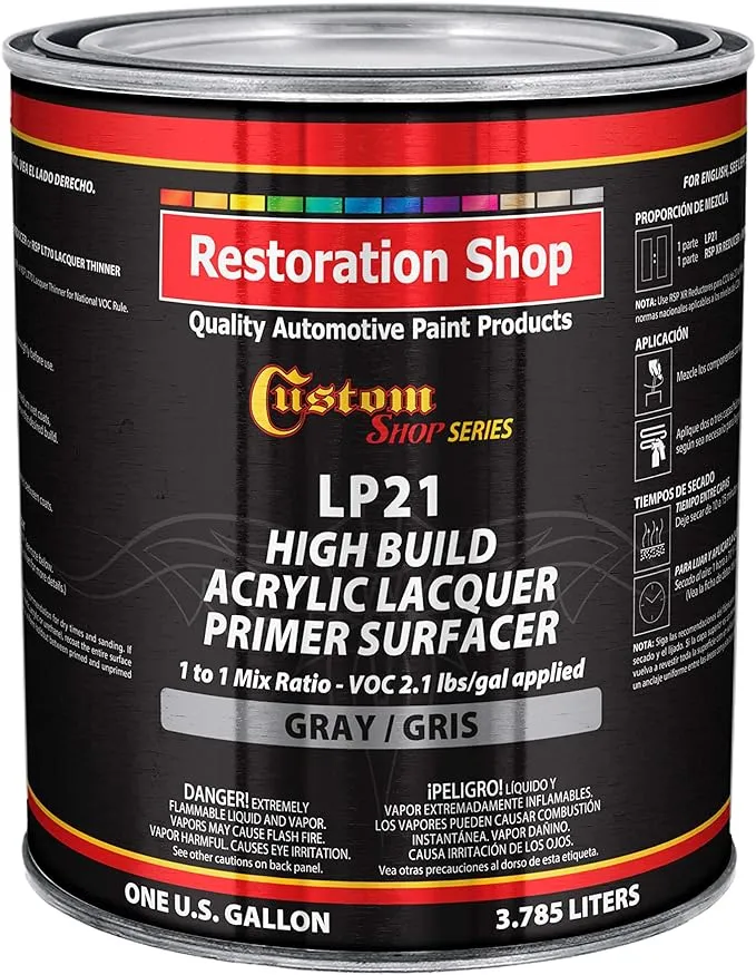 Custom Shop Premium High Build Gray Acrylic Lacquer Primer Surfacer, 1 Gallon - Fast Filling, Drying, Easy Sanding, Excellent Adhesion, Apply Over