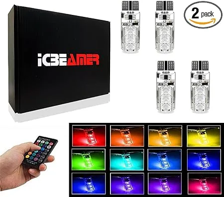 Icbeamer 2 Pack T10 168 194 Car Interior RGB LED Tail Light Bulb W5W Marker Remote Control Dome Wedge License Plate Trunk Light Bulbs