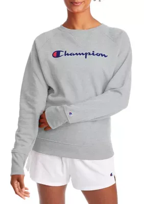 Champion Women's Powerblend Graphic Crew Neck Pullover, Grey, Medium