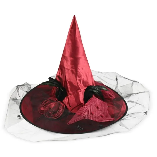 Skeleteen Women's Deluxe Pointed Witch Hat Glamorous Red Witches Accessories Fancy Satin Hat with Bow, Spiders and Black Feathers