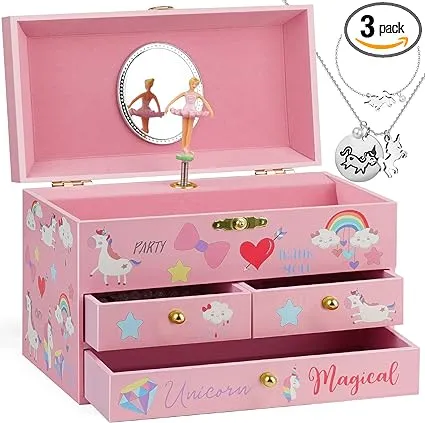 Musical Jewelry Box for Girls with Spinning Ballerina Unicorn, 7.5x4.8x4.5 inch, 3 Pullout Drawers, Unicorn Jewelry Set Included Kids Jewelry Box for Christmas Gift, Waltz of Flowers Tune