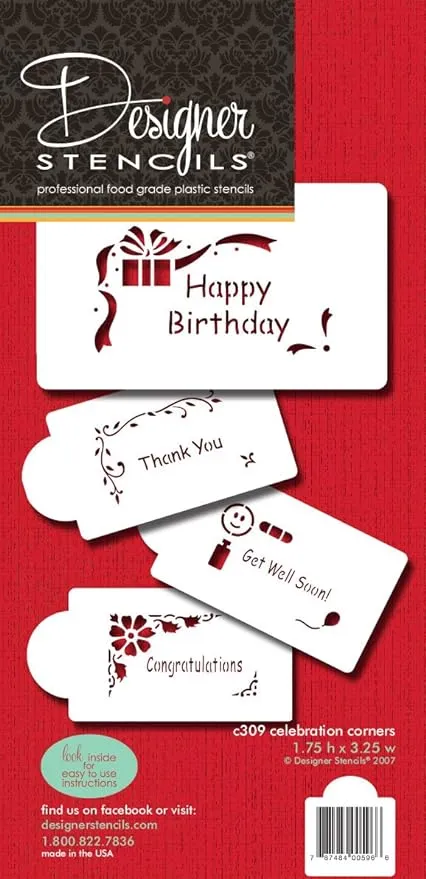 Designer Stencils Celebration Corners Cookie Stencils, (Happy Birthday, Thank You, Congratulations, Get Well Soon), Beige/semi-transparent