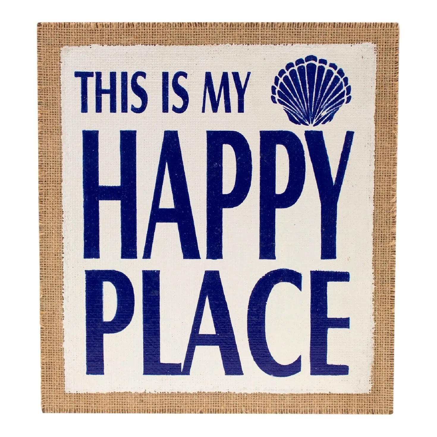 This Is My Happy Place Seashell Burlap on Wood 11 Inch Wall Tabletop Decor - Brown and Blue