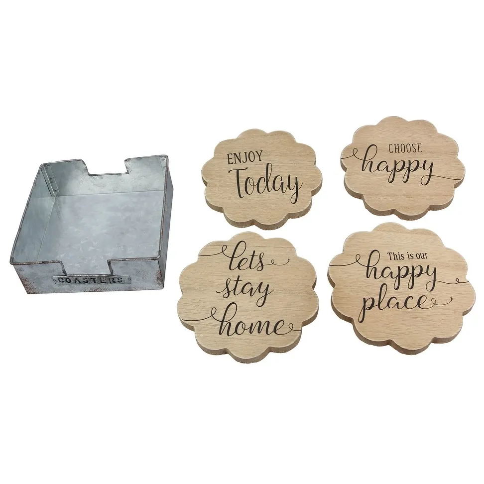 Stay Home Choose Happy Enjoy Happy Place Wood Drink Coasters Tin Caddy Set of 5 - Multi