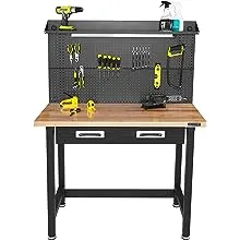 Seville Classics UltraHD Heavy Duty Commercial Lighted Workcenter w/Pegboard, 500 lbs. Weight Capacity for Garage, Warehouse, Workshop, Solid Wood Top, Graphite, 48" W x 24" D x 65.5" H