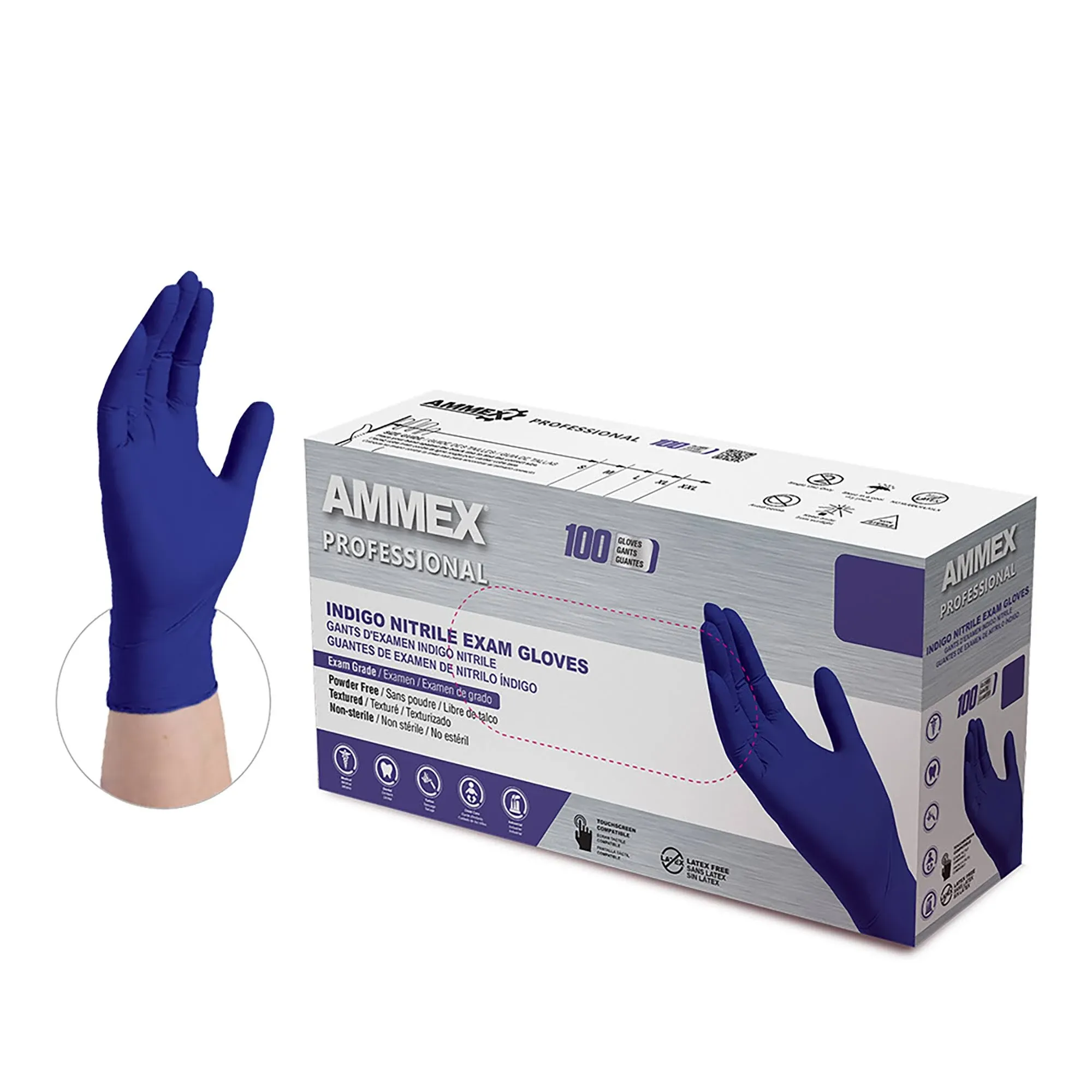 Ammex Professional Nitrile Exam Gloves, Powder-Free, 3 mil, X-Large, Indigo, 100/Box