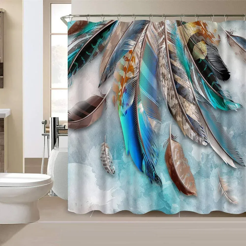 Artmyharbor Feather Shower Curtain Green Blue Brown Animal Feathers Print Bath Curtain 72x72 Inches Waterproof Fabric Retro Bathroom Accessories with 12 Hooks