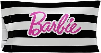 Franco Collectibles Barbie Barbicore Black & White Stripped Beauty Silky Satin Standard Pillowcase Cover 20x30 for Hair and Skin, (Official Licensed Product)