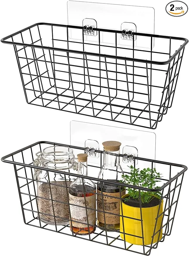 MaraFansie Wire Storage Basket No Drilling Wall Basket Organizer, Over The Cabinet Door Organizer, 2 Pack, Black