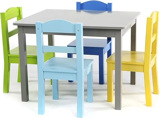 Humble Crew, Grey/Blue/Green/Yellow Kids Wood Table and 4 Chairs Set