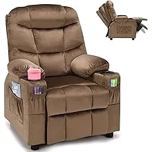 Costzon Kids Recliner Chair with Cup Holder, Adjustable Velvet Lounge Chair w/Footrest & Side Pockets, Brown