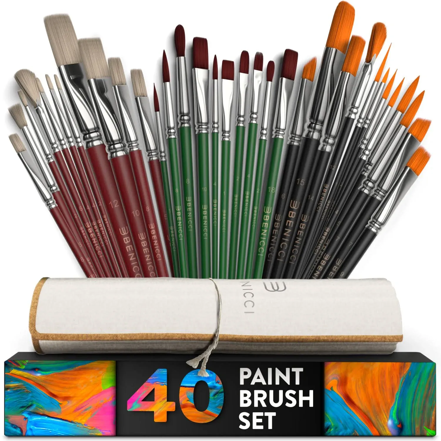 40 Pcs Paint Brushes Set for Acrylic Oil Watercolor Painting with Roll Up Bag