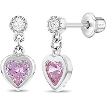 925 Sterling Silver Girl's Pink CZ Heart Dangle Earrings with Safety Screw Backs - Hypoallergenic Toddler Earrings for Kids with Cubic Zirconia Stones for Young Girls