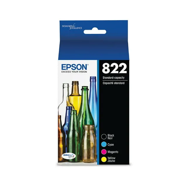 Epson T822 Black/Cyan/Magenta/Yellow Standard Yield Ink Cartridge 4/Pack (T822120XL-BCS) T822120-BCS