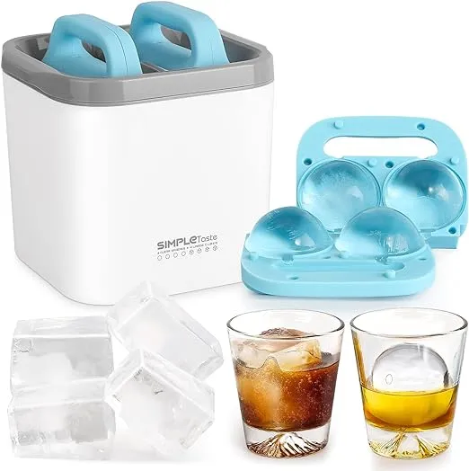 SIMPLETASTE Crystal Clear Ice Maker Mold, 4 Clear ice Balls & 4 Large Ice Cubes, Ice Mold Maker with 2 Storage Bags, Ice Cube Tray for Cocktail and Drinks, Blue and White…