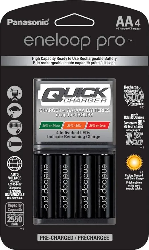 Panasonic K-KJ55KHC4BA Advanced 4 Hour Quick Battery Charger with 4AA Eneloop Pro High Capacity Rechargeable Batteries