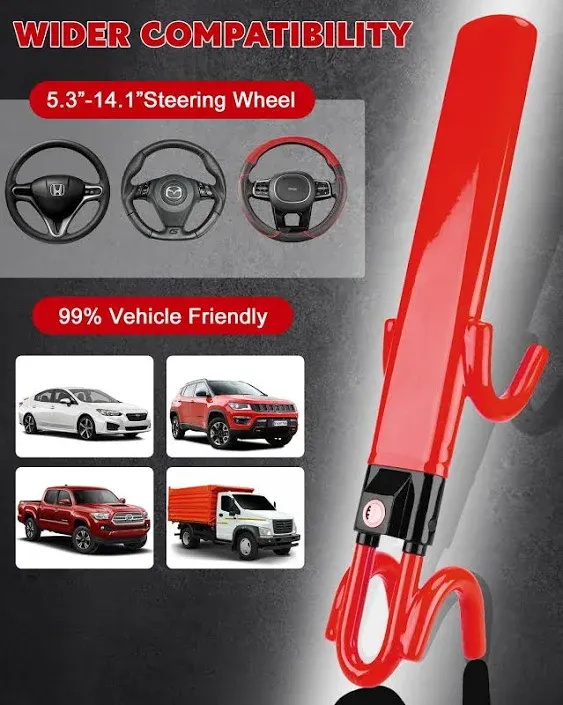 Tevlaphee Steering Wheel Lock Anti-Theft Car Device Heavy Duty Security Car Lock Antitheft Locking Devices Great Deterrent Adjustable Car Wheel Lock Anti Theft for Vehicle Truck SUV with 3 Keys (Red)Tevlaphee Steering Wheel Lock Anti-Theft Car Device Hea