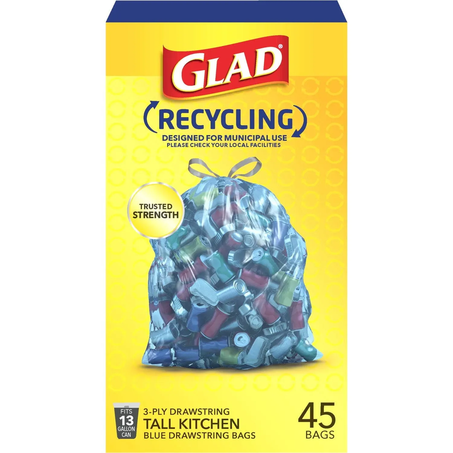 Glad Recycling Tall Drawstring Kitchen Trash Bags, Blue, 13 Gallon, 45 Count, Pack May Vary