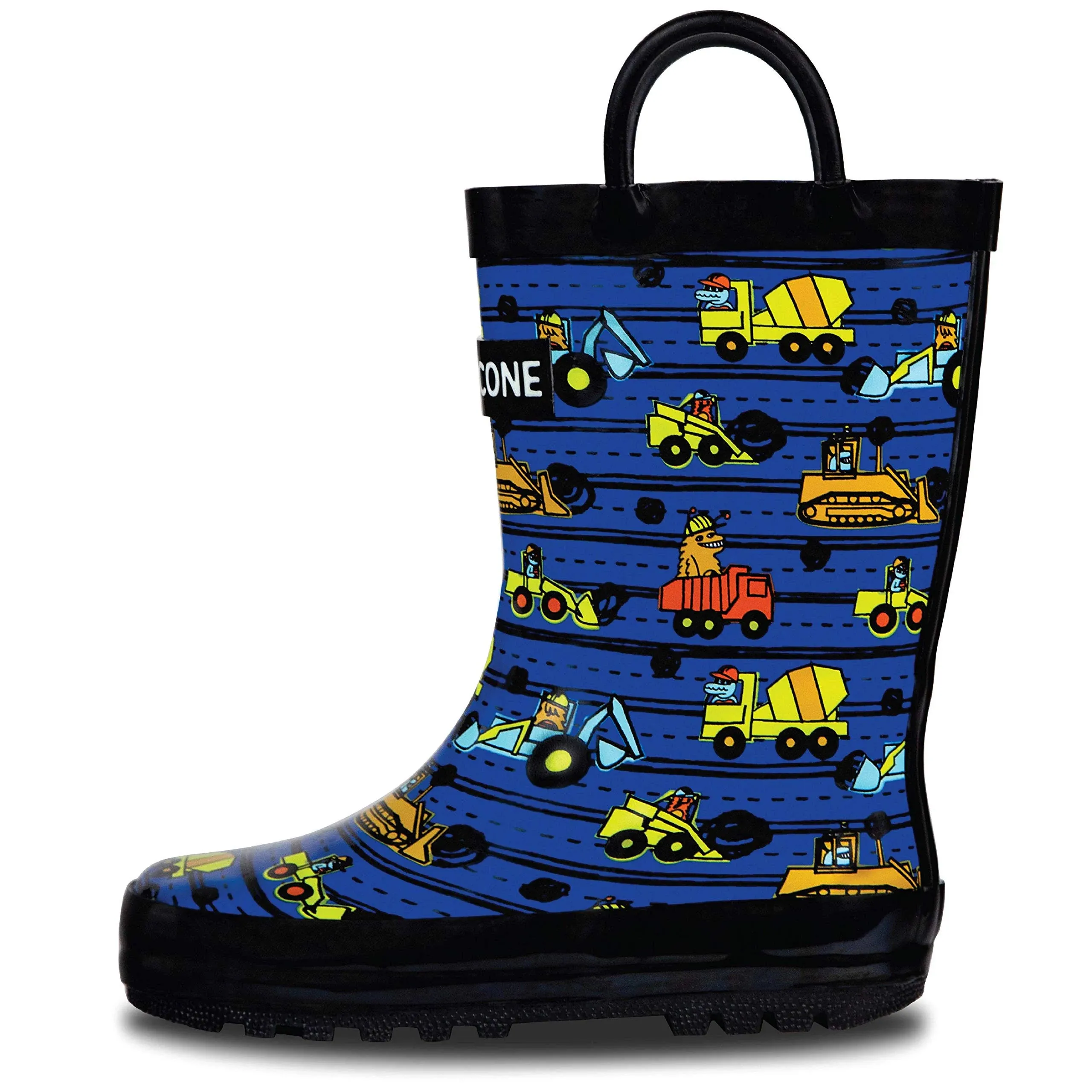 LONECONE Rain Boots with Easy-On Handles in Fun Patterns for Toddlers and Kids, Construction Monsters, 5 Toddler, Unisex-Child