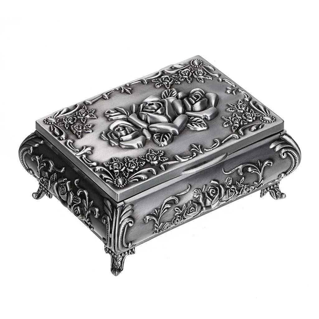 Vintage Metal Jewelry Box Small Treasure Chest Case Trinket Organizer Earrings