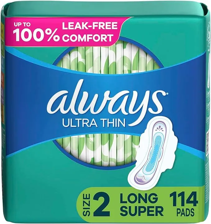 Always Ultra Thin Pads Size 2 Super Long Absorbency Unscented with Wings (92 ct)
