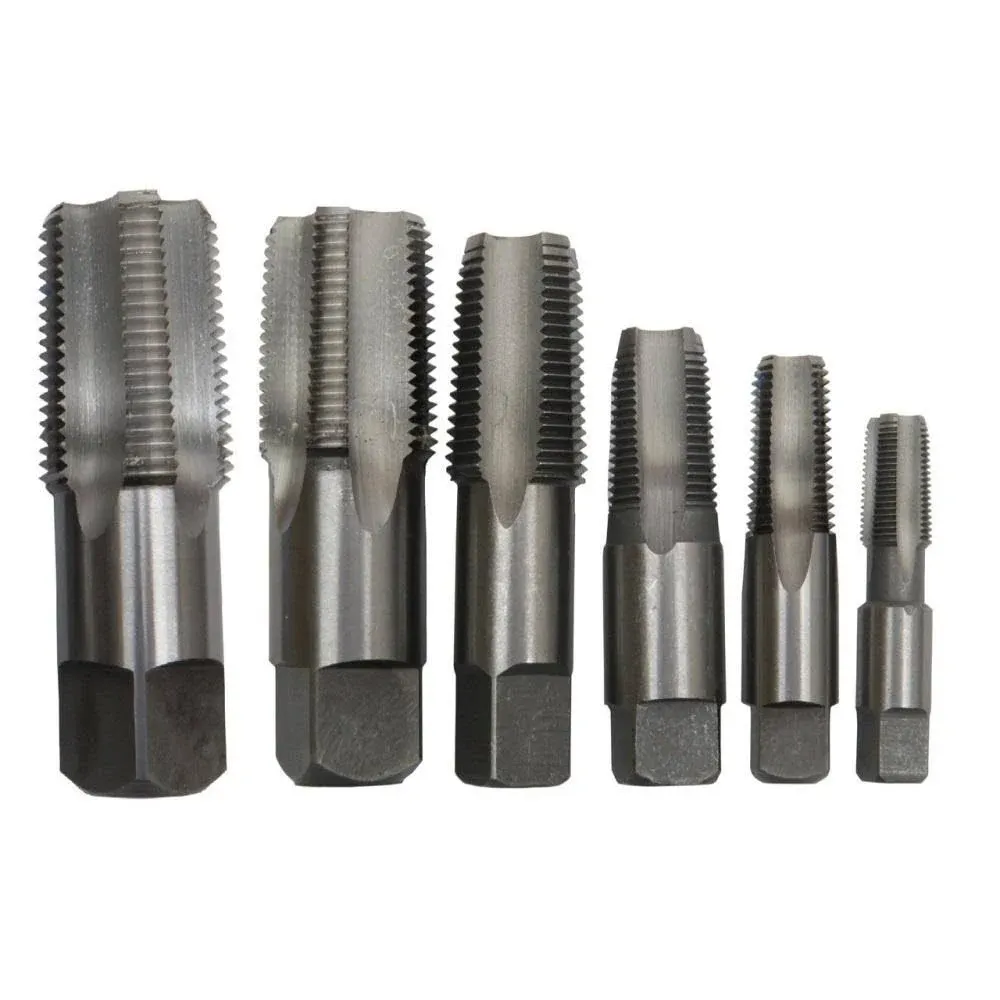 Drill America DWTPT1/8-1SET 6 Piece Carbon Steel NPT Pipe Tap Set, 1/8', 1/4', 3/8', 1/2', 3/4' and 1' in Wooden Case, Uncoated (Bright), Right Hand