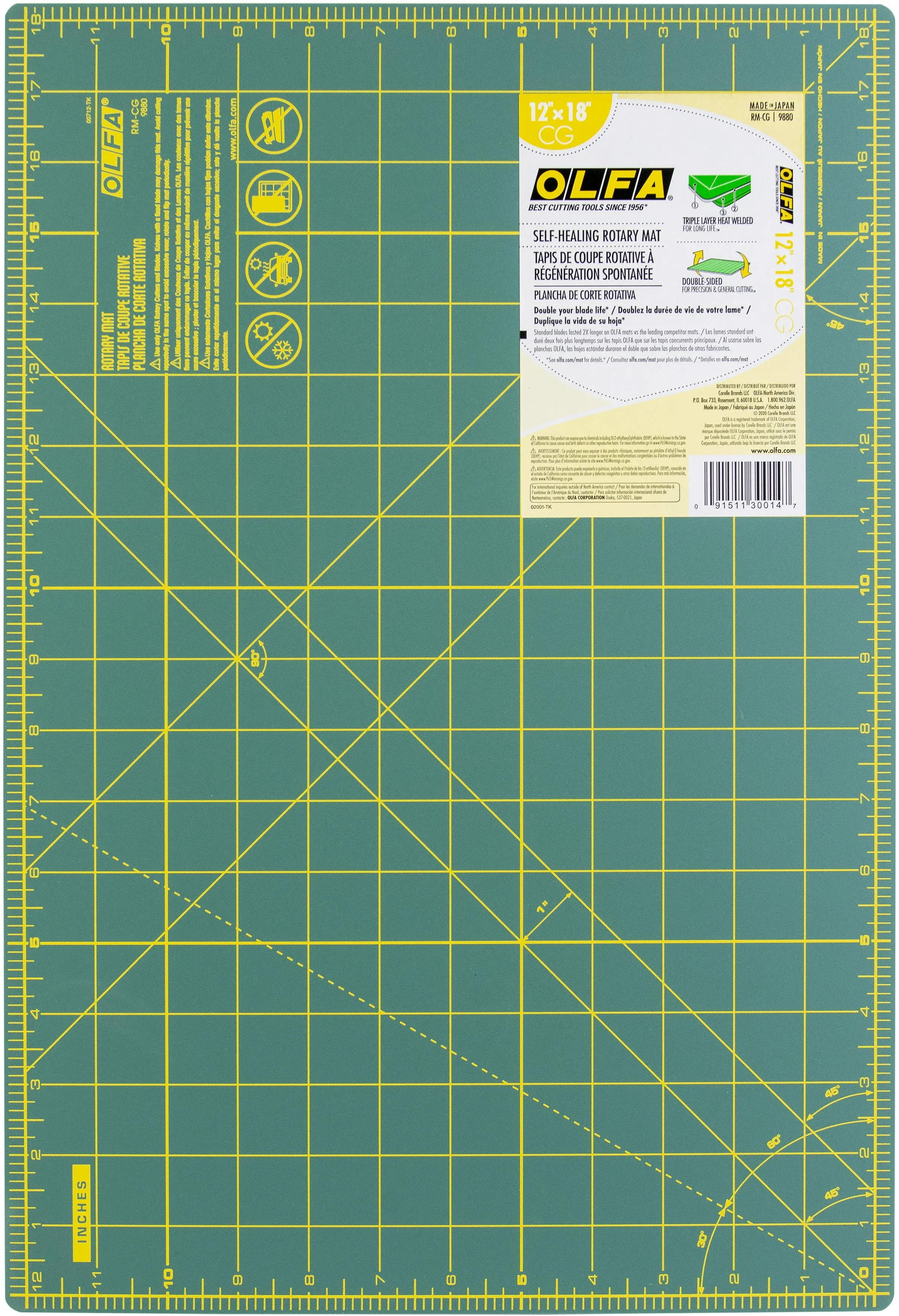 OLFA 9880 RM-CG 12-Inch x 18-Inch Self-Healing Double-Sided Rotary Mat, Green