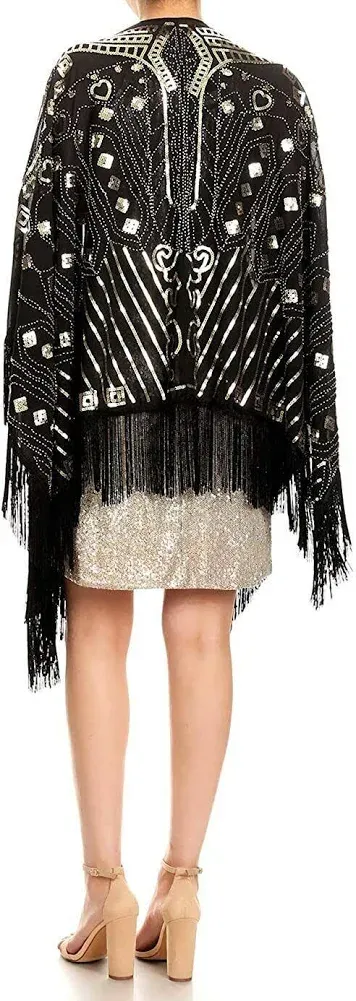 Anna-Kaci Womens Oversized Gatsby Hand Beaded Fringed Sequin Evening Shawl Wrap