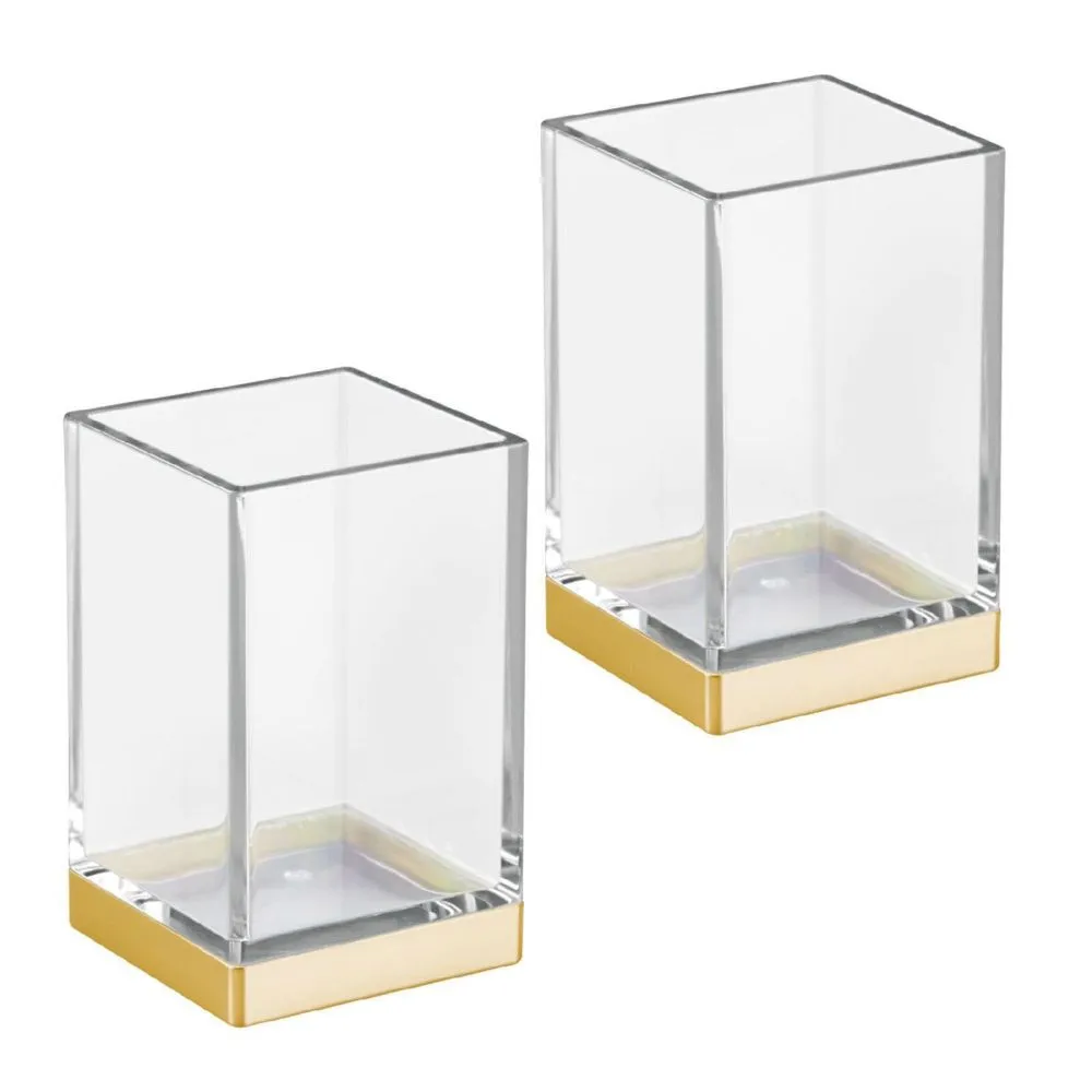 mDesign Modern Square Tumbler Cup for Bathroom Vanity Countertops - for Mouthwash/Mouth Rinse, Storing and Organizing Makeup Brushes, Eye Liners, Accessories - Slim Design, 2 Pack - Clear/Gold