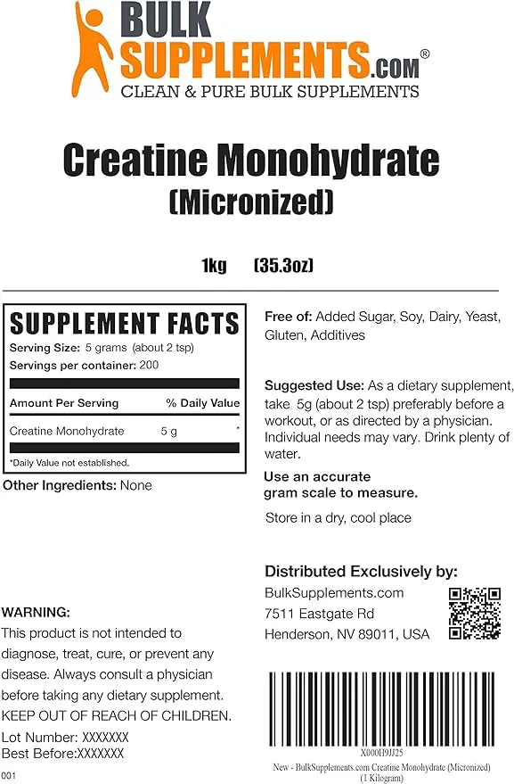 BulkSupplements.com Creatine Monohydrate Powder - Creatine Supplement, Micronized Creatine 1kg, Creatine Powder - Unflavored & Gluten Free, 5g (5000mg) per Servings, 1kg (2.2 lbs) (Pack of 1)
BulkSupplements.com 肌酸单水合物粉 - 肌酸补充剂,微粉化肌酸1公斤,肌酸粉 - 原味且无麸质,每份5克