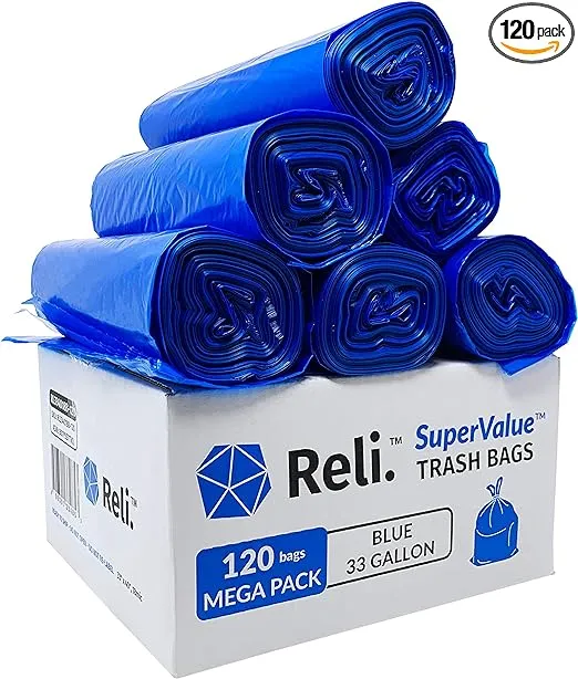 Reli. SuperValue 33 Gallon Recycling Bags (120 Count) Made in the USA - Blue Trash Bags 30 Gallon - 33 Gallon Garbage Bags, Recycling Bags 33 Gallon with 30 Gal, 33 Gal, 35 Gal Capacity