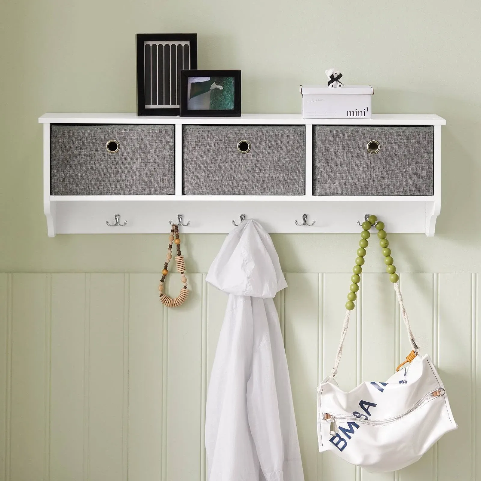 Haotian frg282-w, Wall Coat Rack Wall Shelf Wall Storage Cabinet Unit with 3 Baskets 5 Hooks