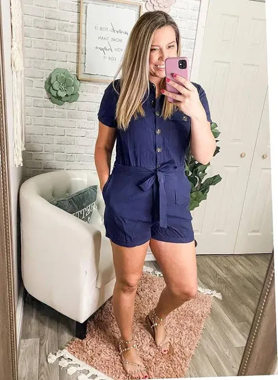 GRAPENT Women&#039;s Summer Short Sleeve Button Down Pockets Belted Jumpsuits Rompers