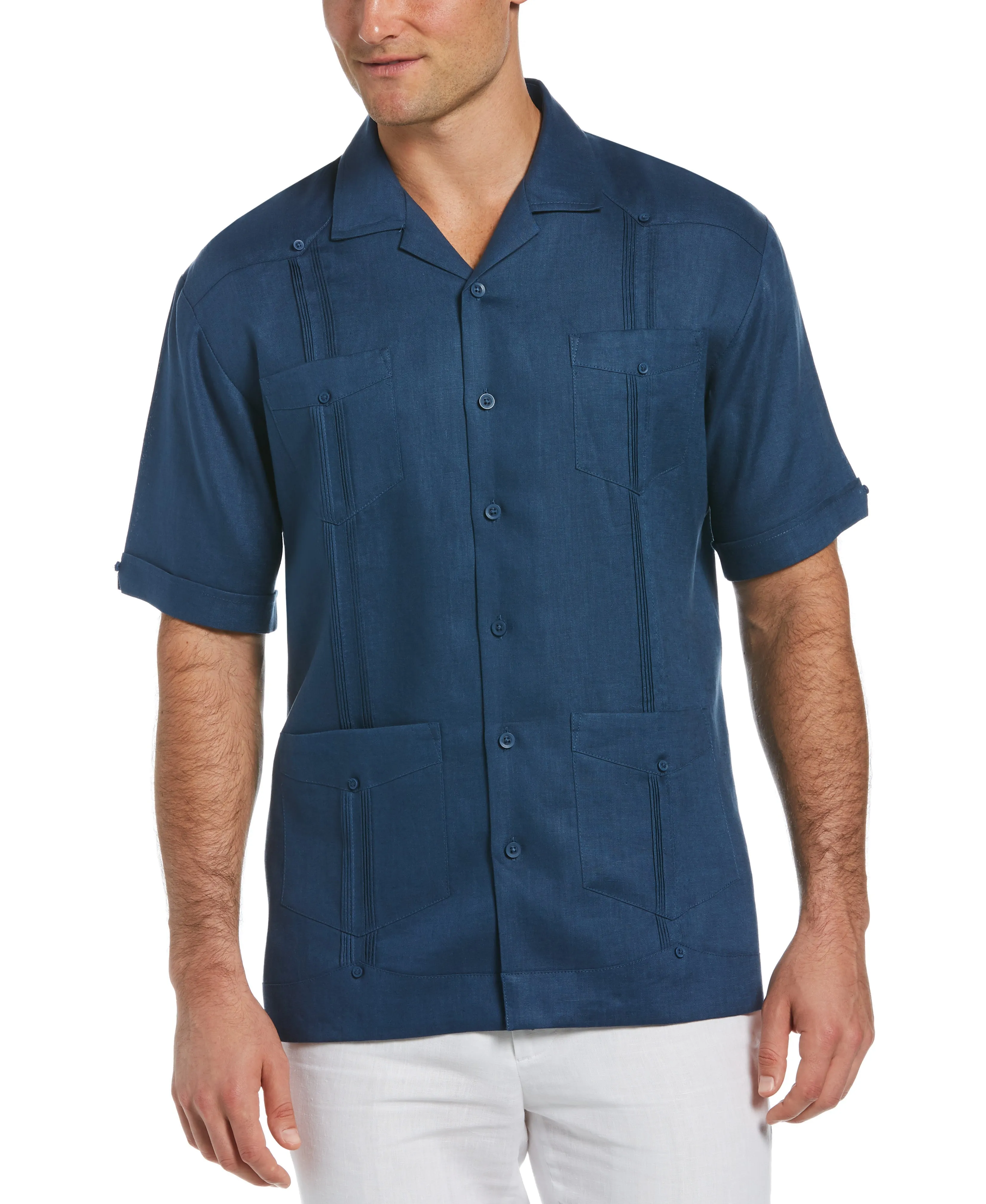 Cubavera Men's 100% Linen Classic Guayabera Shirt Short Sleeve in Ensign Blue, Size XL